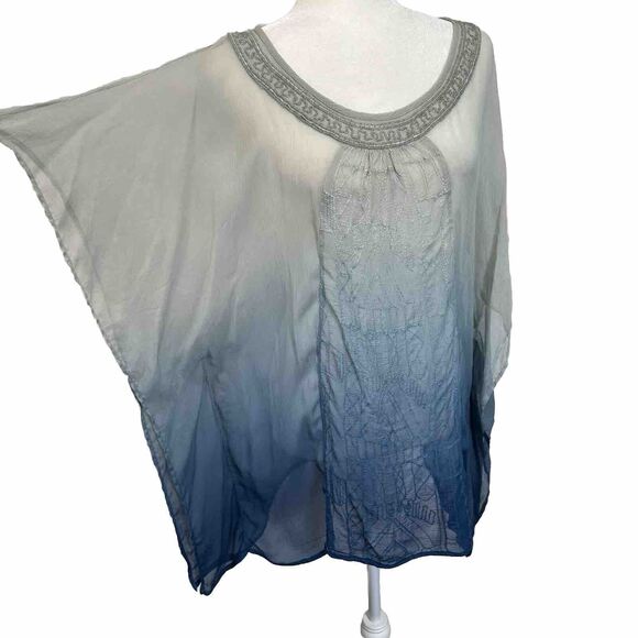 Chico’s Kimono Top Poncho Ombré Blue Sheer Cover Up Kaftan Blouse Beaded M/L - Picture 2 of 8